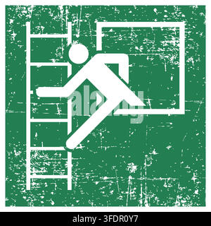 Emergency window with escape ladder, ISO 7010 E016 Safe Condition Evacuation Sign, Distressed Grunge Texture, Weathered Worn Safety Pictogram, Green E Stock Vector