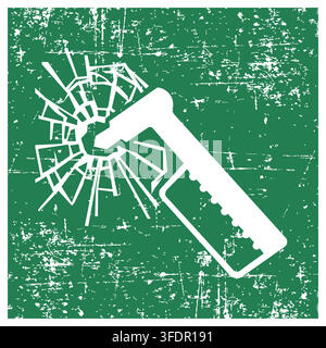 Emergency hammer, ISO 7010 E025 Safe Condition Evacuation Sign, Distressed Grunge Texture, Weathered Worn Safety Pictogram, Green Evacuation Fire Warn Stock Vector