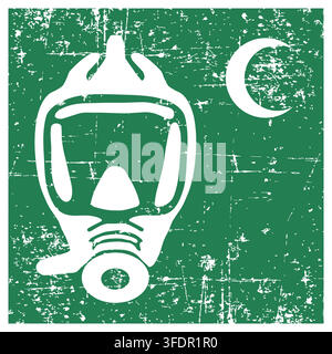 Emergency escape breathing device crescent variant , ISO 7010 E029-CR Safe Condition Evacuation Sign, Distressed Grunge Texture, Weathered Worn Safety Stock Vector