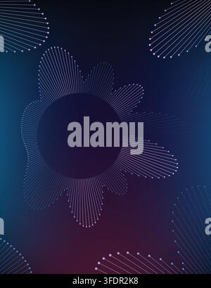 Abstract background featuring a circular sound wave visualization with glowing dots and connecting lines on a dark blue and purple gradient backdrop. Stock Vector
