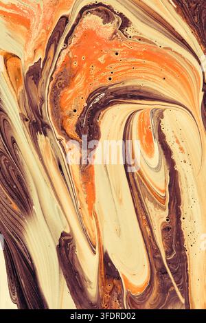 Vertical abstract fluid art with warm orange, cream, and deep purple swirling paint layers Stock Photo