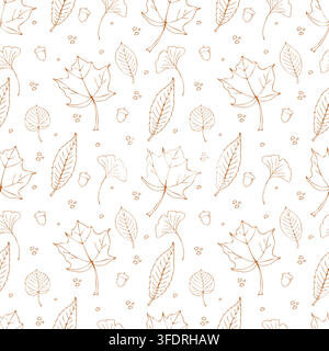 Seamless pattern with leaves. Hand drawn vector autumn leaves in line art style. Great for textile print, wrapping paper, wallpaper. Stock Vector