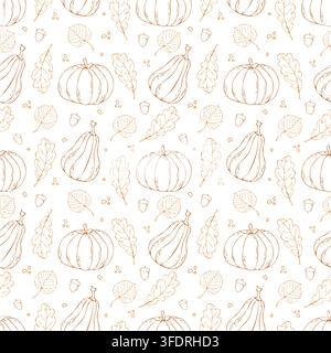 Seamless pattern with outline pumpkins, leaves. Great for textile print, wrapping paper, wallpaper. Stock Vector