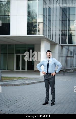 Smiling man posing in front of modern office building Stock Photo
