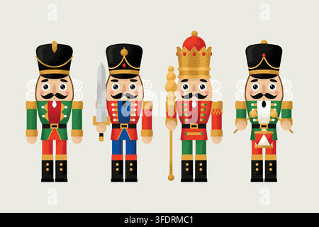 Set of Christmas Nutcracker toys soldier traditional figurine. Vector illustration in cartoon flat style Stock Vector