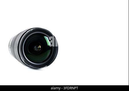 Professional Camera Lens Isolated on White Background with Copy Space. Stock Photo