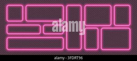 Neon glowing frames, pink night banners, bright illuminated borders. Rectangular design elements. Stock Vector