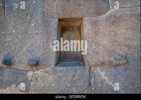 Close-up of ancient Inca interlocking stone wall with a small rectangular niche, showcasing precise carved granite blocks, weathered texture and excep Stock Photo