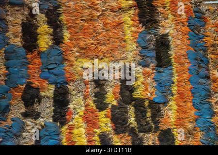 Museo Larco - Close-up of vibrant featherwork showing layered blue, orange and yellow feathers on a woven backing. Rich texture and geometric pattern Stock Photo