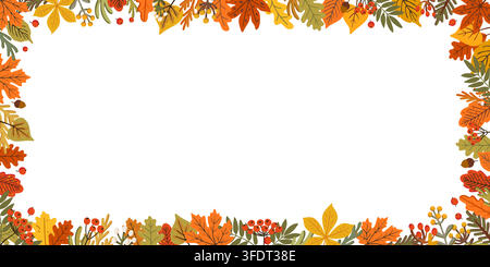Autumn horizontal frame with rowan berries and maple leaf border spread across top and bottom edges. Wide vector wreath opens copy space for banners Stock Vector