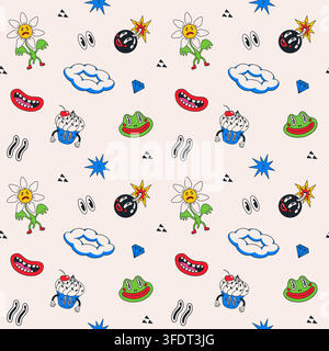 Seamless comic pattern with groovy cartoon characters, funky faces and abstract doodles on beige background. Comic pattern character icons. Great for Stock Vector