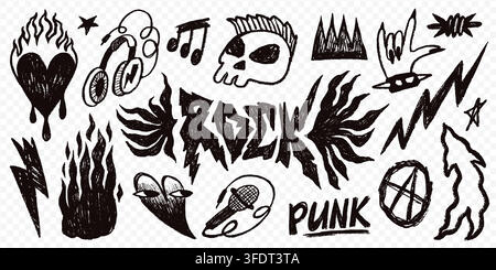 Punk rock tattoo doodle set with graffiti music symbols, skull, fire and lightning in black hand drawn style on a transparent background like PNG Stock Vector