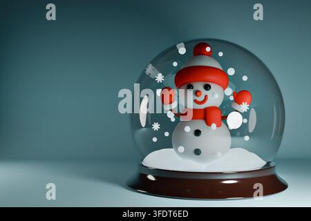 3D render of cute Christmas snow globe icon with snowman character inside. Plasticine holiday souvenir asset on glossy dark wooden base isolated on pa Stock Photo