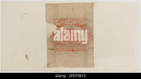 A printed design on aged paper, featuring an oval cartouche with a crest or emblem, foliage, and capital letter text, framed by decorative borders, dated to 1840-1850. Stock Photo