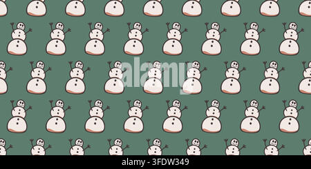 Cute snowman seamless pattern vector illustration. Winter holiday wallpaper on green background Stock Vector