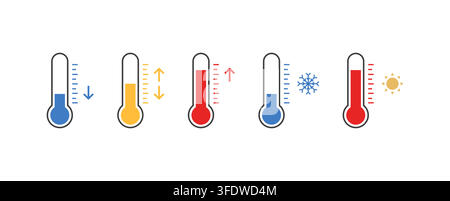 Set of thermometers showing different temperatures from cold to hot Stock Vector