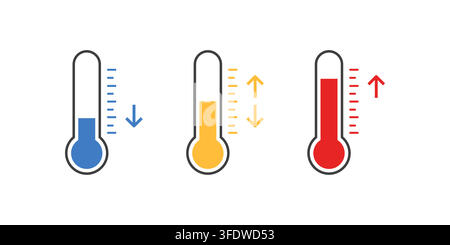 Three thermometer icons indicating low medium and high temperatures Stock Vector