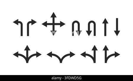 Set of black arrow icons showing different directions and turns Stock Vector
