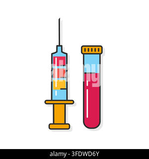 Medical syringe and blood test tube flat color vector illustration Stock Vector