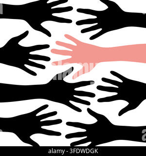 One pink hand reaching out among many black hands silhouette Stock Vector
