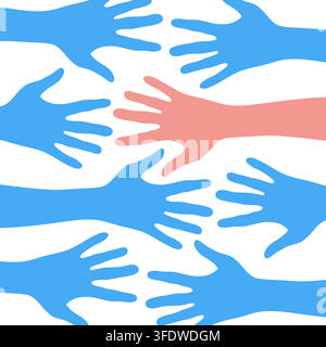 One pink hand reaching out among many blue hands concept Stock Vector