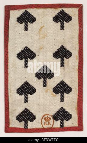 A rectangular textile piece, dated 1730-1737, featuring eight black spade symbols on a light-colored fabric background with a red stitched border and a small circular emblem containing a crown and the letters "B.R.", from a set of Florentine playing cards with the portrait of Lorraine-Bourgogne, created. Stock Photo