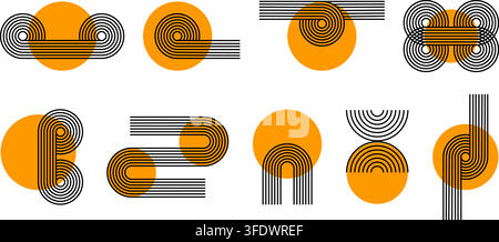 Set of rounded lines crossed by orange circle shapes. Geometric figures in trendy boho style. Minimalistic design elements for modern templates. Vector graphic illustration. Stock Vector