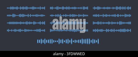 Neon soundwaves, blue isolated glowing sound audio waves. Stock Vector