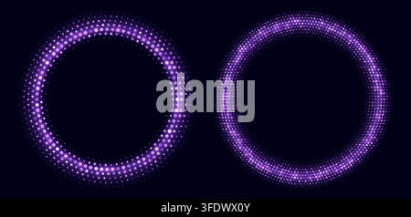 Purple halftone frames, glowing circle borders, round pattern with dots, radial disco luxury design element. Stock Vector