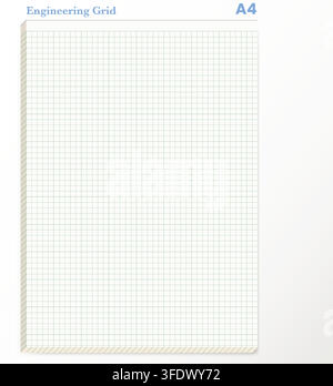 A4 white engineering grid glue pad sheet featuring fine green square ruling, narrow bound edge, subtle lower shadow below. Suitable for drafting pages Stock Vector