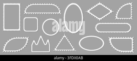 Pack of scalloped white postage frames isolated. Outline border template. Simple minimalist label text box. Blank scallop edge stamp mockup. Vector il Stock Vector