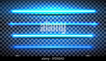 Blue lazer straight lines pack isolated. Neon glowing laser beam effect with shadows. Fluorescent LED electric luminous line. Led light halogen dynami Stock Vector