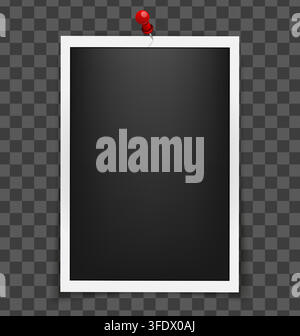 Realistic empty rectangle photo frame on pin mockup isolated. Paper vintage instant photograph snapshot collage. Cardboard album picture tape with sha Stock Vector