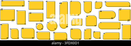 Quote box title pack isolated. Yellow geometric shapes speech quotation mark frames. Text talk info message box borders. Dialog mark speech quotes ico Stock Vector