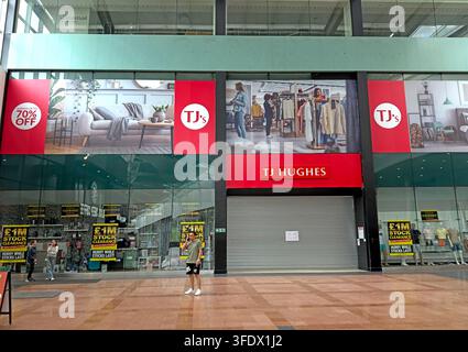 TJ Hughes store at Golden Square, Warrington, closed on Sunday 30 August 2026 with shutters down Stock Photo