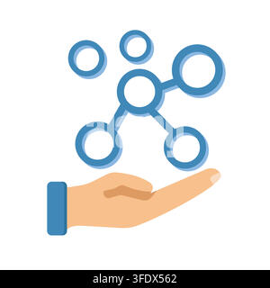 Flat vector illustration of a hand supporting connected blue node circles, symbolizing network sharing, data management, and digital connectivity. Stock Vector