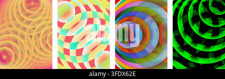 Abstract vertical panels featuring vibrant colorful geometric patterns and swirling circular wave motion designs Stock Vector