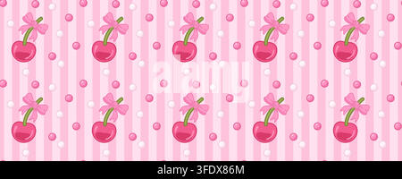 Pink gingham seamless pattern with cherries, bows and hearts in playful retro aesthetic. Perfect for textile and wallpaper prints. Stock vector illust Stock Vector