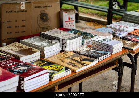 Close-up of spanish books and essay collections displayed on a table at the Book Fair in Ciego de Ávila, Cuba on August 29, 2026. Stock Photo