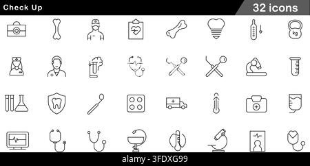 Vector illustration set of 32 check up icons featuring stethoscope, doctor, dental tools, laboratory test tube, thermometer, and health care. Stock Vector