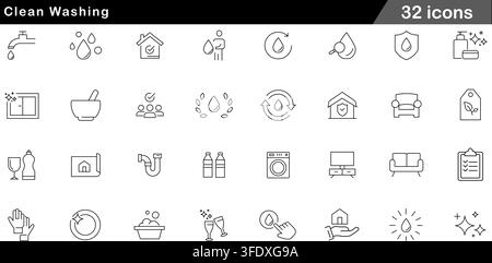 Vector illustration set of 32 clean washing icons featuring water tap, washing machine, house hygiene, cleaning soap, rubber gloves, and dishware. Stock Vector