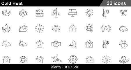 Vector illustration set of 32 cold heat icons featuring thermometer, solar panel, wind turbine, thermal house, water drops, and weather forecast. Stock Vector