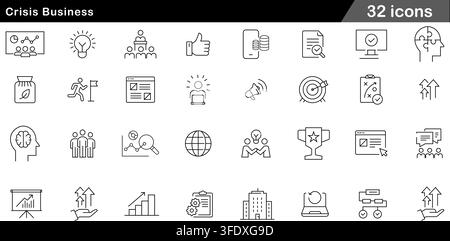 Vector illustration set of 32 crisis business icons featuring problem solving, strategic planning, team leadership, risk management, and recovery. Stock Vector