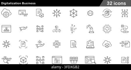 Vector illustration set of 32 digitalization business icons featuring cloud processor, AI chip, binary data, robotic automation, and server network. Stock Vector