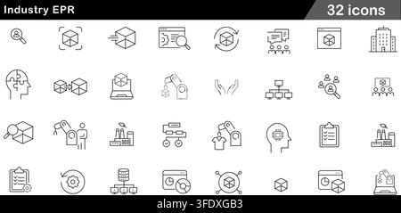 Vector illustration set of 32 Industry ERP icons featuring 3D product module, robotic automation, factory plant, supply chain, and data network. Stock Vector