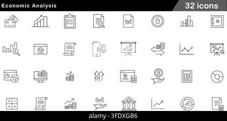 Vector illustration set of 32 economic analysis icons featuring growth bar chart, coin stacks, financial report, bank building, and calculator. Stock Vector