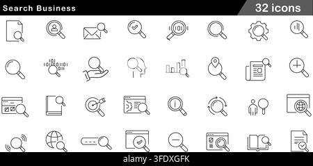 Vector illustration set of 32 search business icons featuring magnifying glass, document search, candidate lookup, binary data, and SEO analysis. Stock Vector