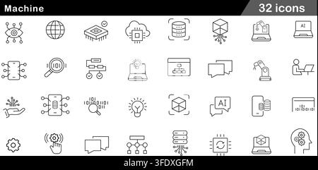 Vector illustration set of 32 machine learning icons featuring AI microchip, robotic arm, cloud database, computer vision, and neural network data. Stock Vector