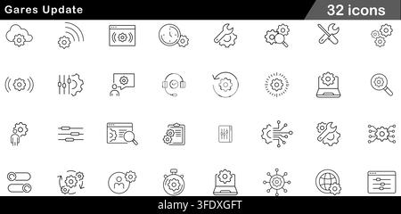 Vector illustration set of 32 gears update icons featuring gear settings, cloud sync, wrench maintenance, system refresh, and tech configuration. Stock Vector