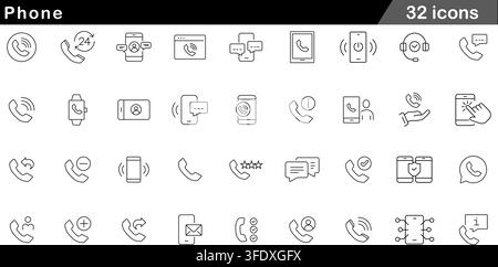 Vector illustration set of 32 phone line icons featuring call handset, 24/7 support, smartphone message, customer service, and contact symbols. Stock Vector